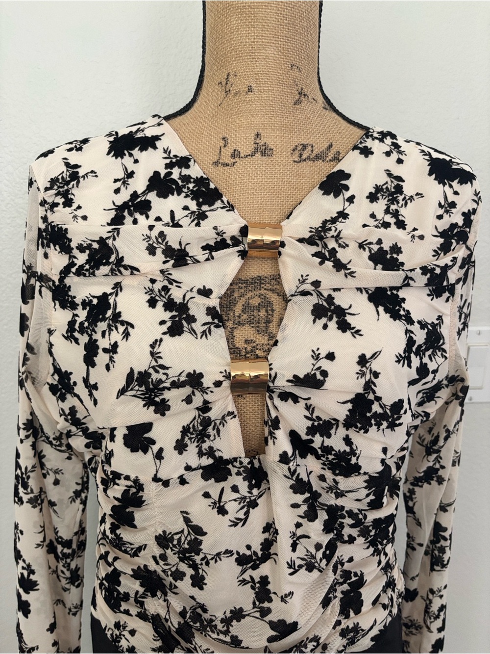 Commense Cream and Black Floral Long-Sleeve Top with Gold Accents